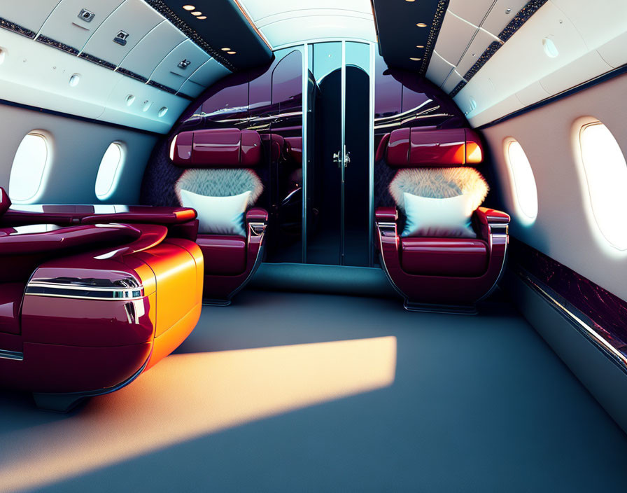 Opulent Private Jet Interior with Leather Seats & Ambient Lighting