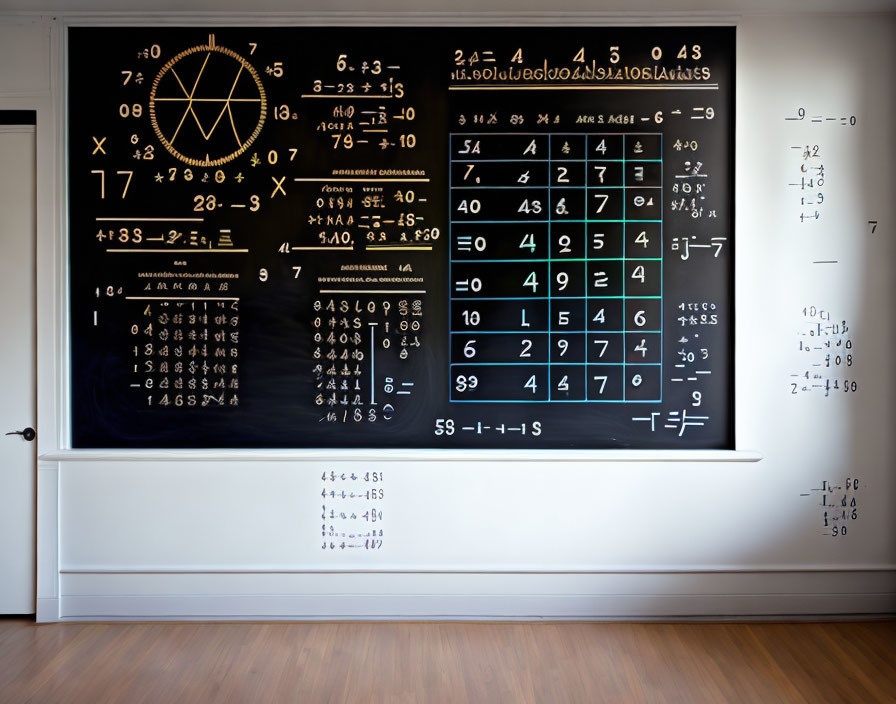 Mathematical equations and geometric diagrams on blackboard