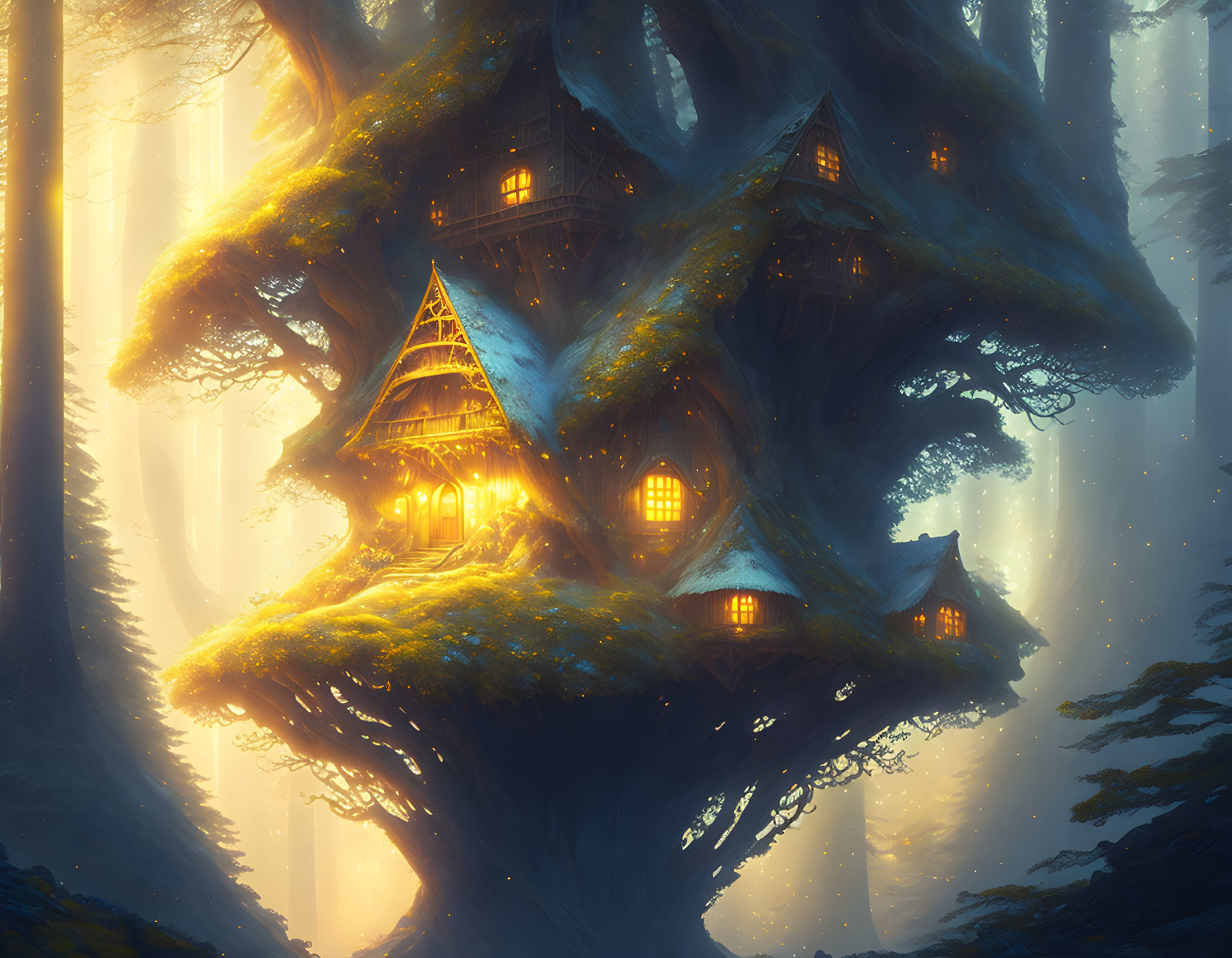 Enchanting Treehouse in Giant Tree with Glowing Windows