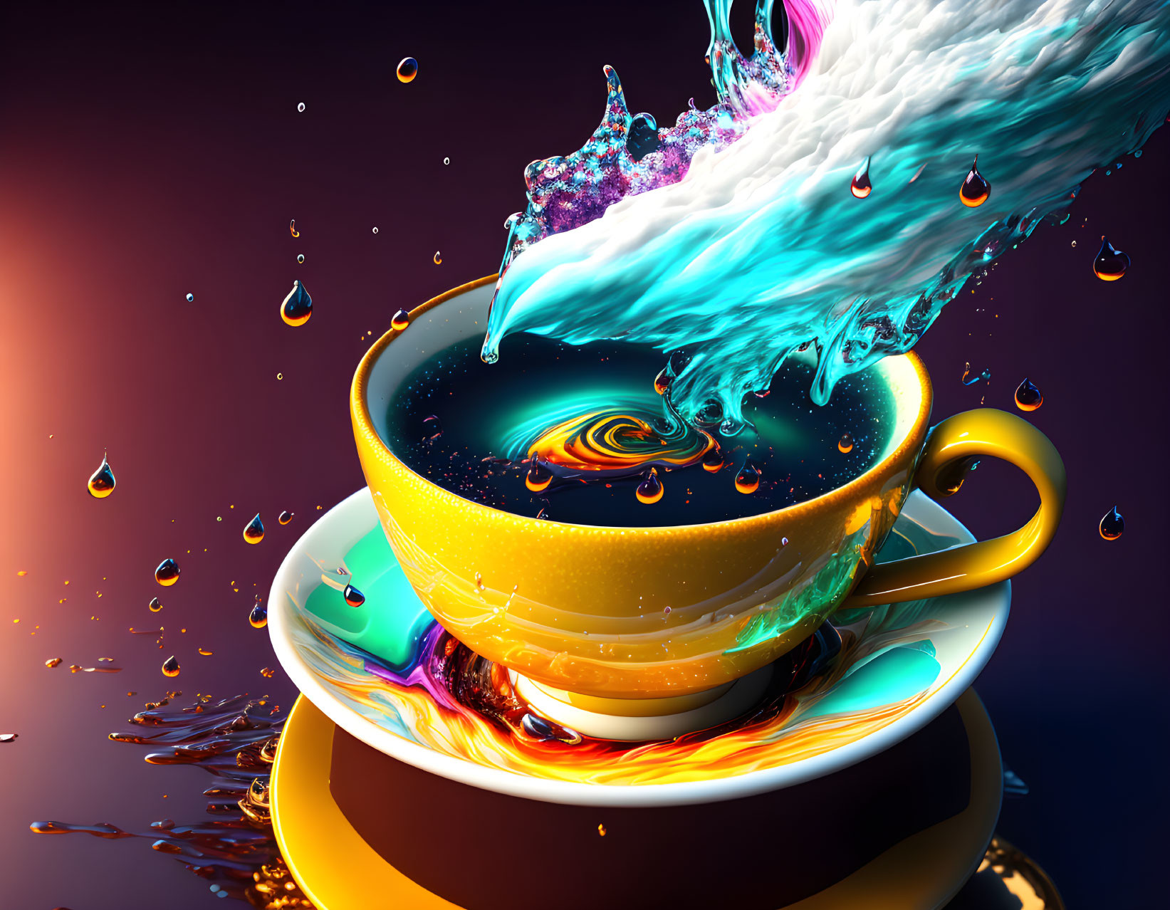 Colorful liquid splash art flowing into yellow cup