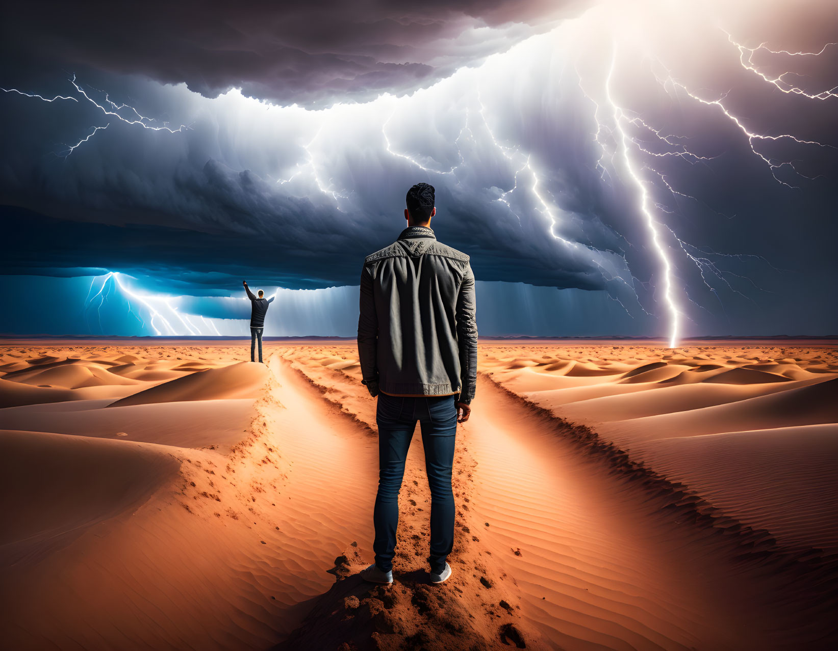 Man in Jacket Observes Person in Desert Amid Intense Lightning