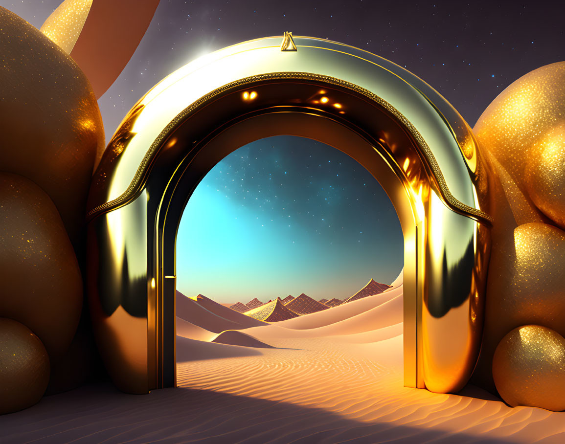 Golden archway reveals desert with pyramids and orbs at twilight