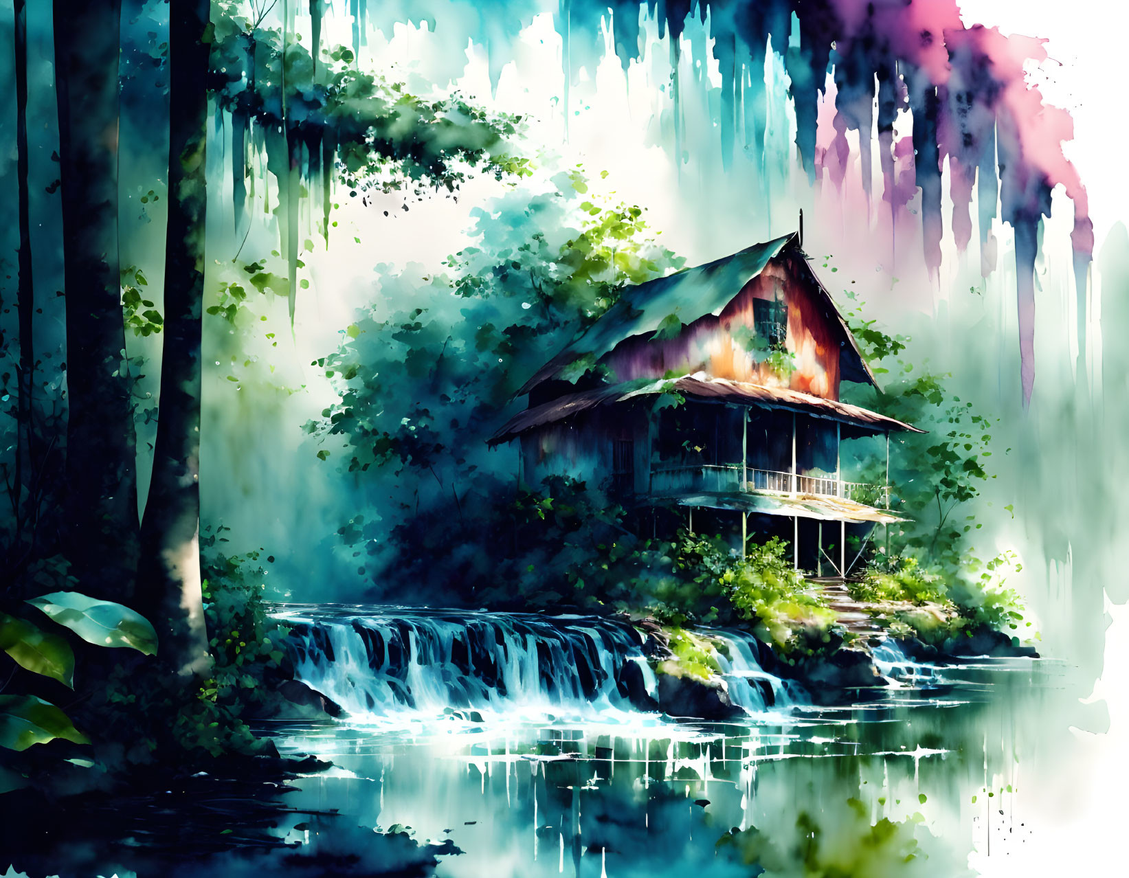 Ethereal cabin illustration atop cascading waterfall in misty forest