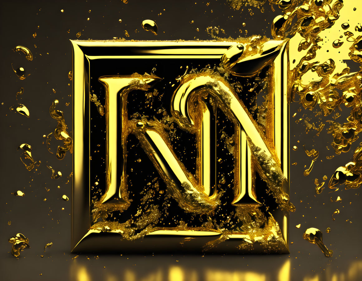 Shiny 3D golden letter "N" in liquid metal splash on dark backdrop