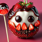 Skull-shaped dessert with strawberry, chocolate, and candy eye on pink backdrop