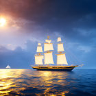 Sailing ship on calm sea at sunset with dramatic sky