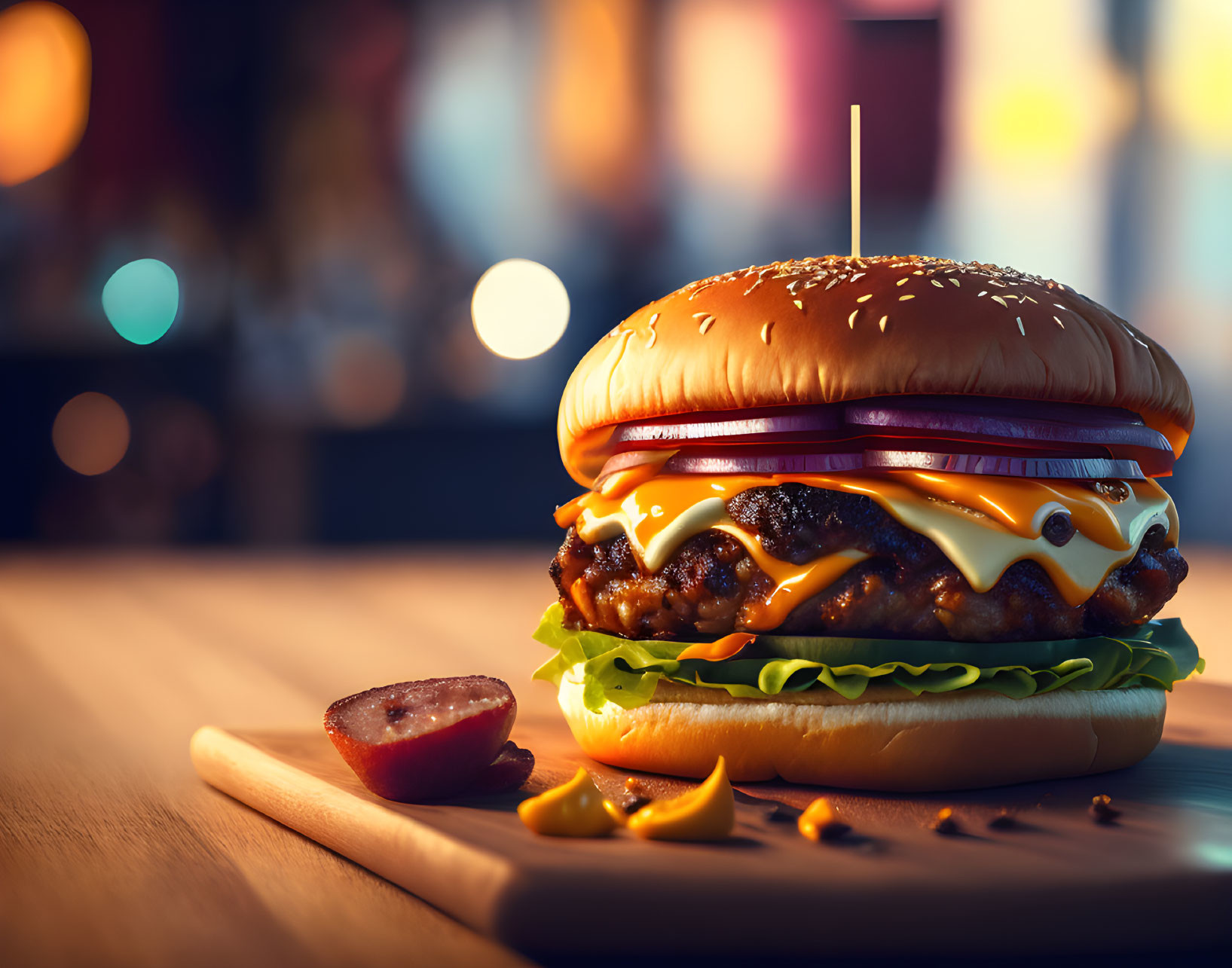 Cheeseburger with lettuce and condiments on wooden board