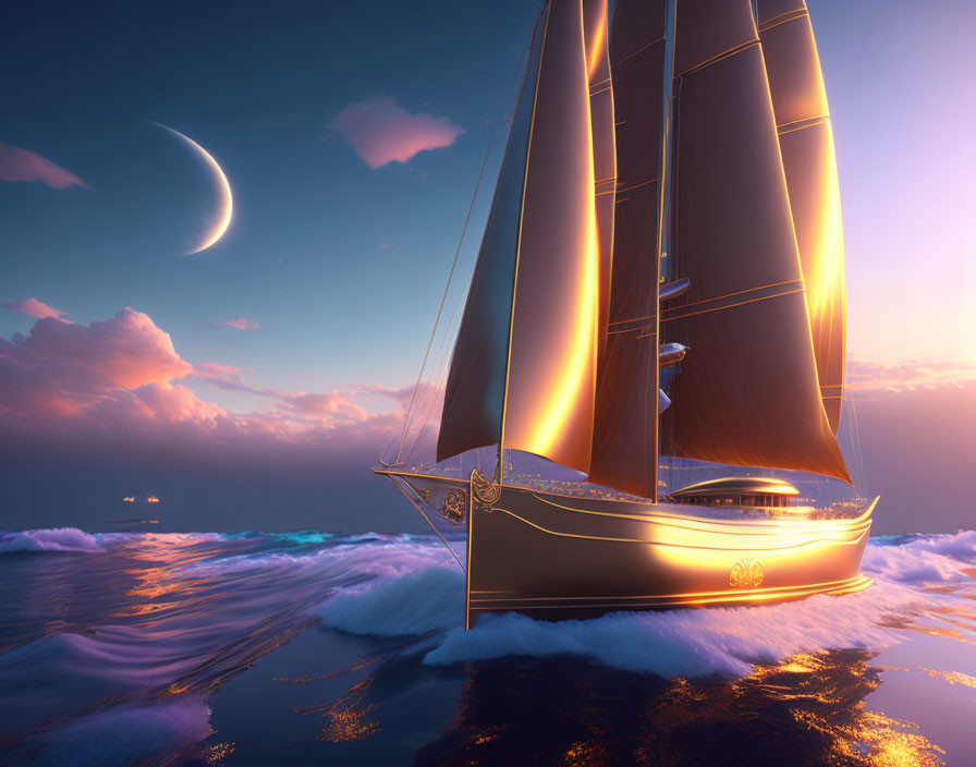 Luxurious yacht sailing at sunset with crescent moon and warm glow on water