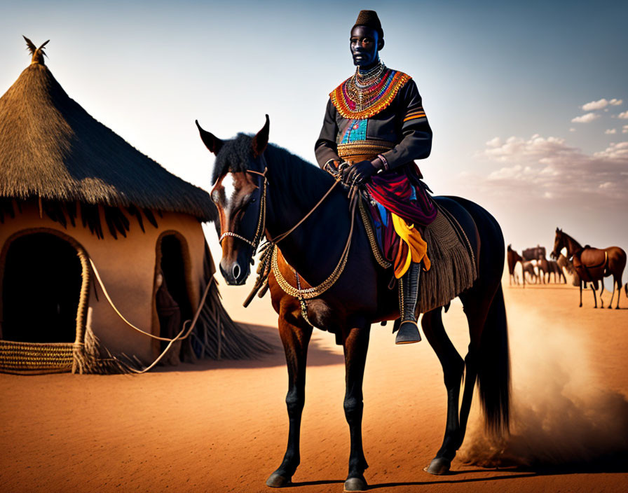 Person in traditional attire on horse near hut under clear sky