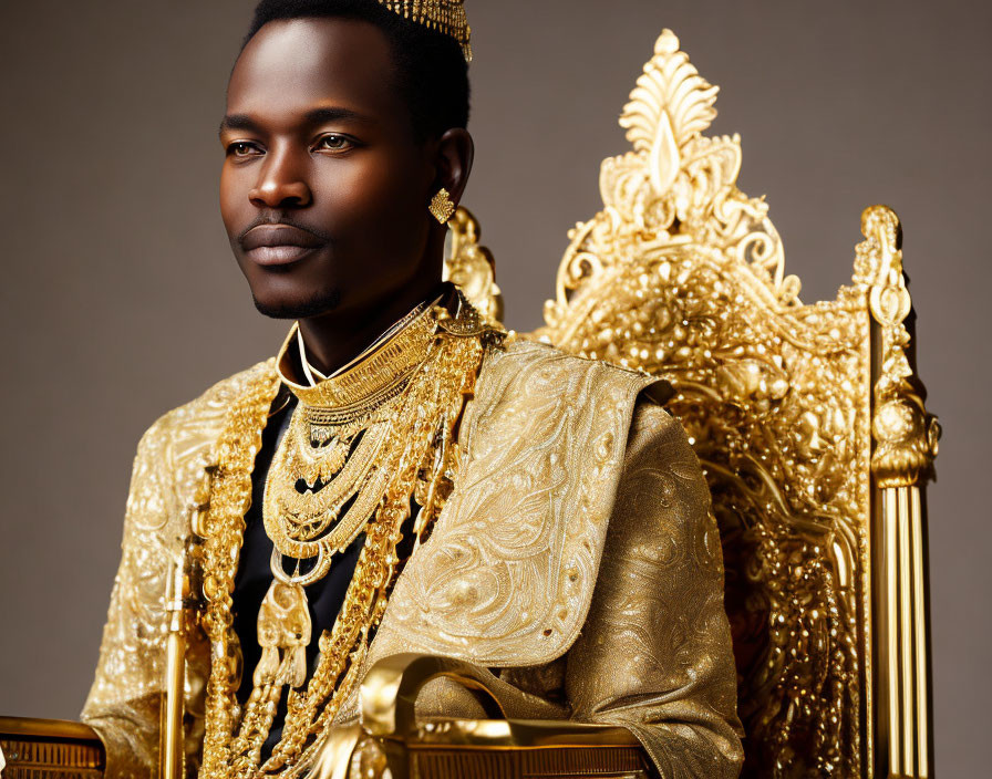 Regal man in golden attire on ornate gilded throne