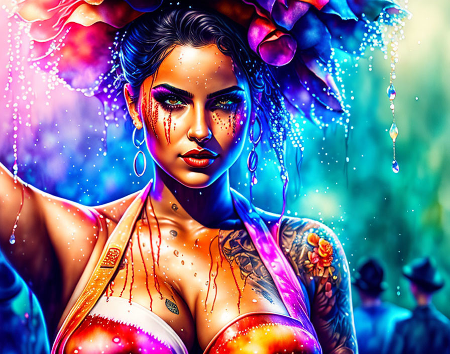 Colorful Digital Artwork: Woman with Tattoos, Flowers, and Jewelry on Mystical Background