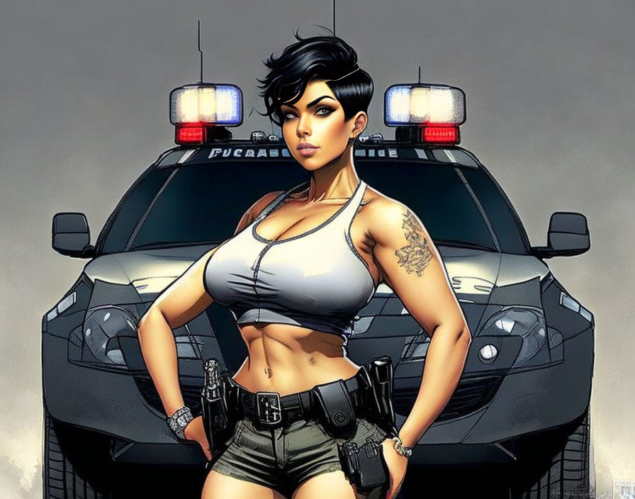 Stylized Female Police Officer with Police Vehicle