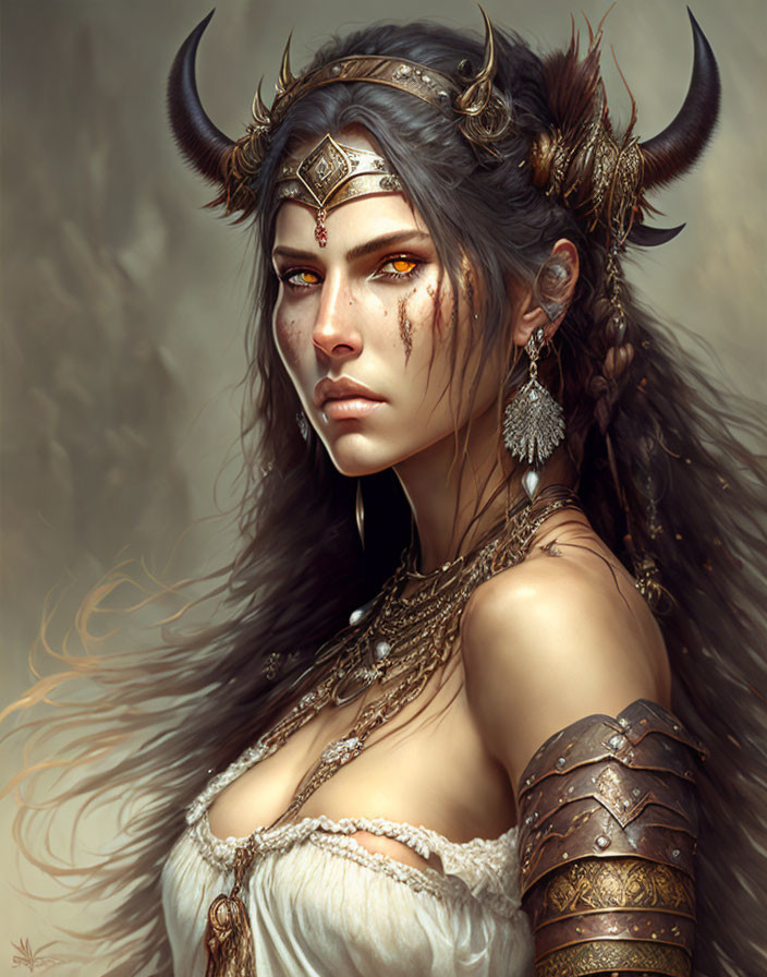 Fantasy female warrior with horns, tribal jewelry, and armor