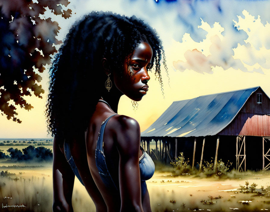 Digital painting of woman with dark curly hair gazing at barn and sky