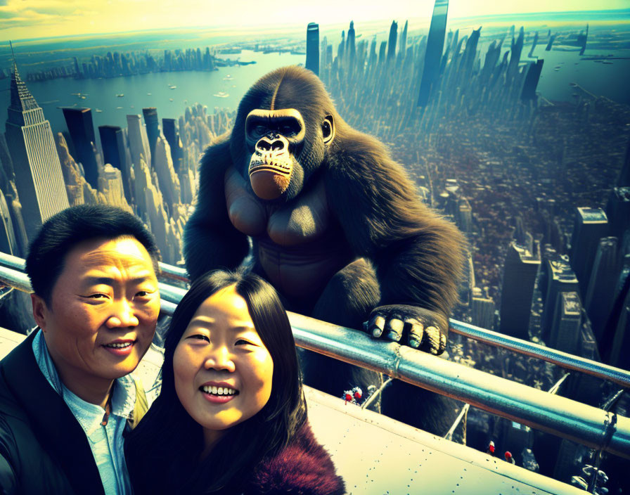 Couple takes selfie with animated gorilla on observation deck