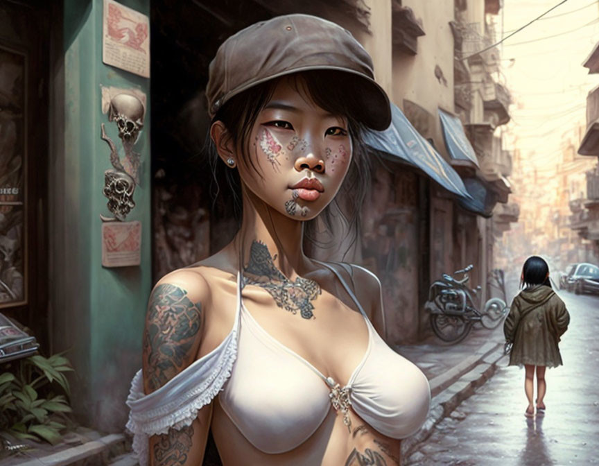 Detailed urban alleyway scene with tattooed woman and child walking.