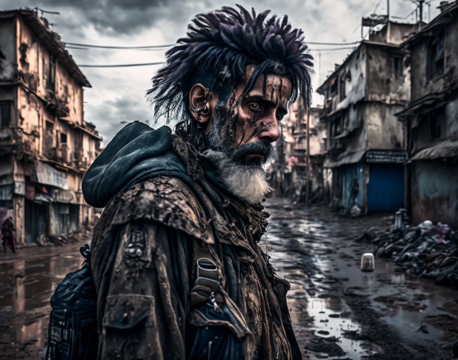 Grizzled man with face paint in urban alleyway as post-apocalyptic survivor