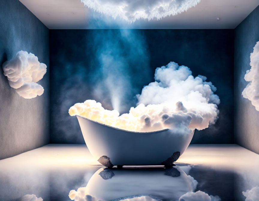 Foam-filled Bathtub Surrounded by Clouds in Blue Room