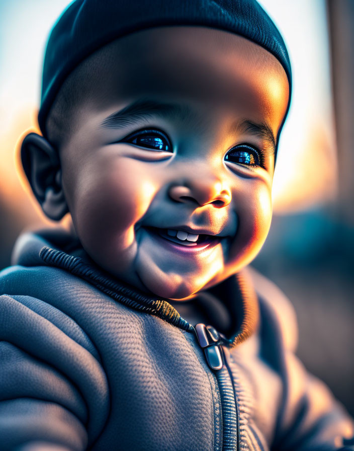 Smiling baby in beanie and zippered jacket under warm sunlight