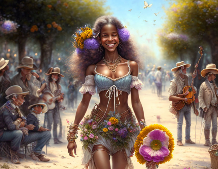 Woman with Flowers in Hair at Outdoor Market with Musicians and Cowboys