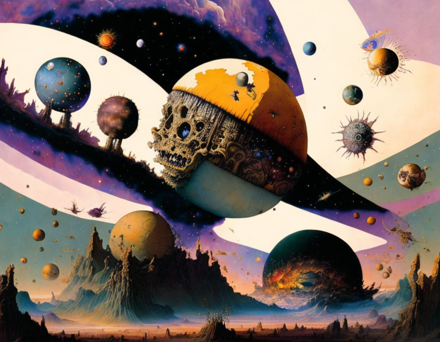 Colorful Surrealist Painting of Cosmic Landscape with Celestial Bodies