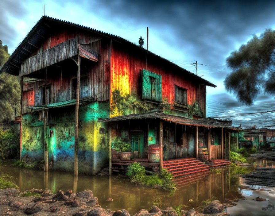 Weathered two-story building with vibrant paint reflected in water at dusk