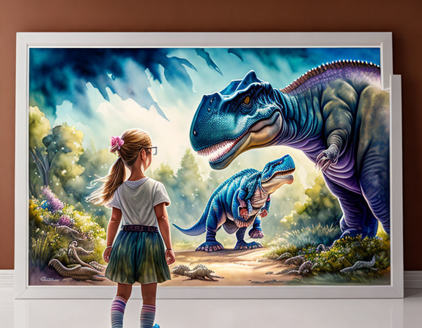 Girl admires lifelike dinosaur painting in prehistoric landscape.