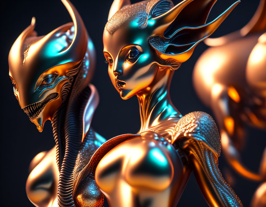 Futuristic humanoid figures in metallic skin with intricate headgear