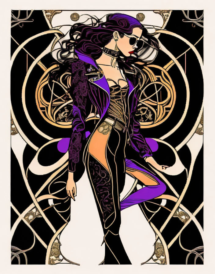 Woman with purple hair and sunglasses in Art Nouveau setting