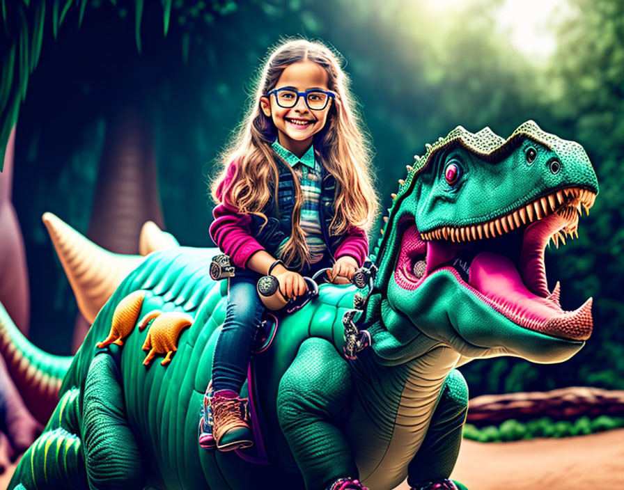 Young girl in glasses rides toy dinosaur in lush setting