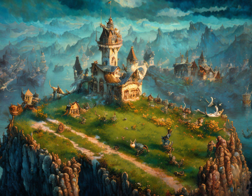 Whimsical castle in fantastical landscape with cottages and lush fields