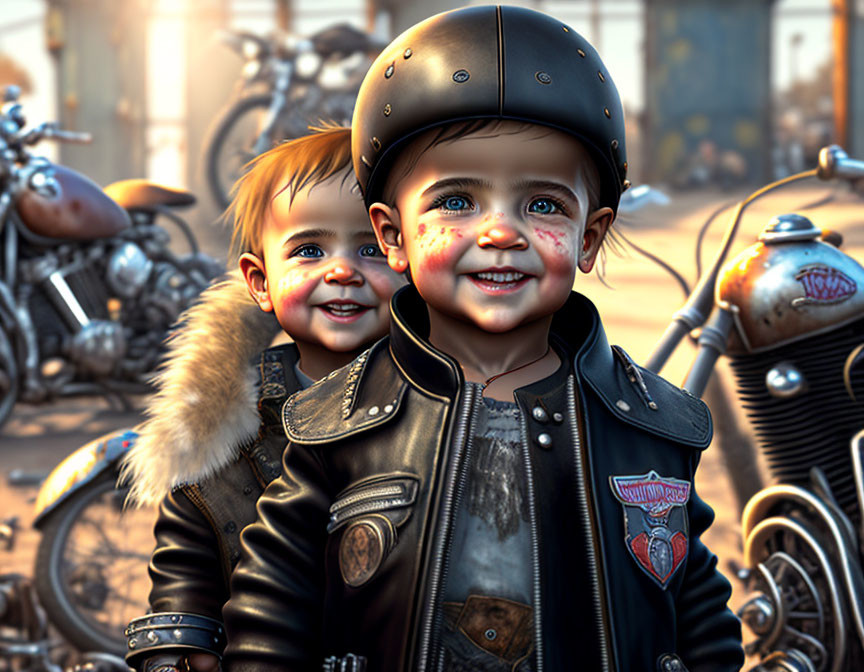 Two children in biker outfits near motorcycles in warm golden hour light