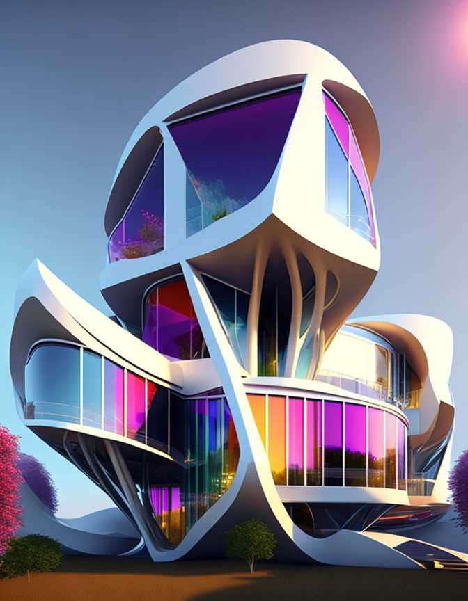 Organic design with large windows and pink-purple lighting at dusk