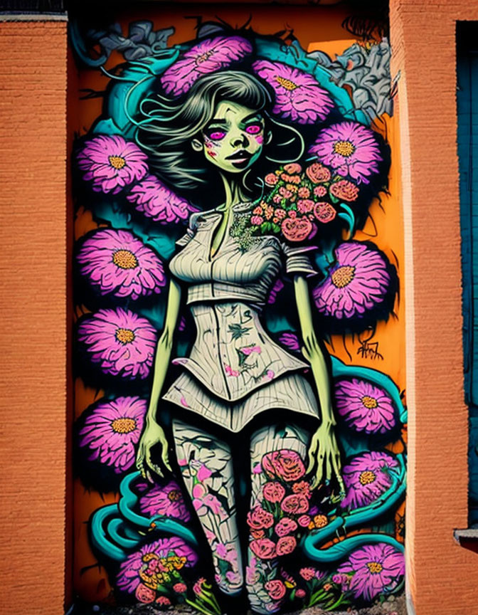 Vibrant street art featuring stylized woman with green skin and flowers.