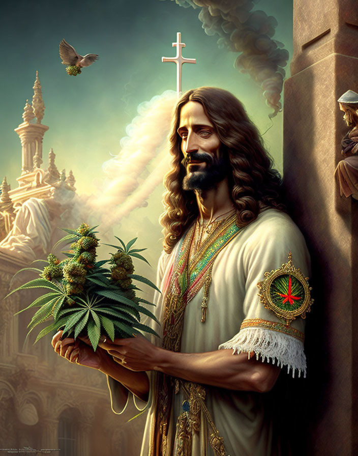 Bearded figure in robes holding cannabis plant under glowing cross