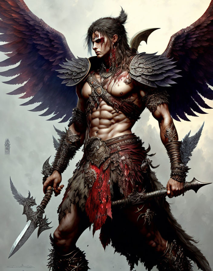 Dark feathered winged warrior in loincloth and armor, wielding sword.