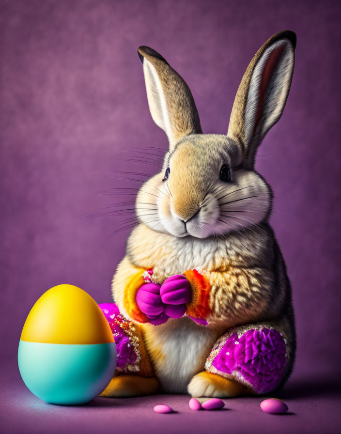 Colorful Easter Bunny with Eggs and Candies on Purple Background