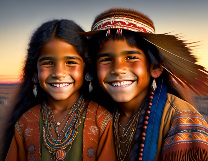 Smiling children in Native American attire at sunset