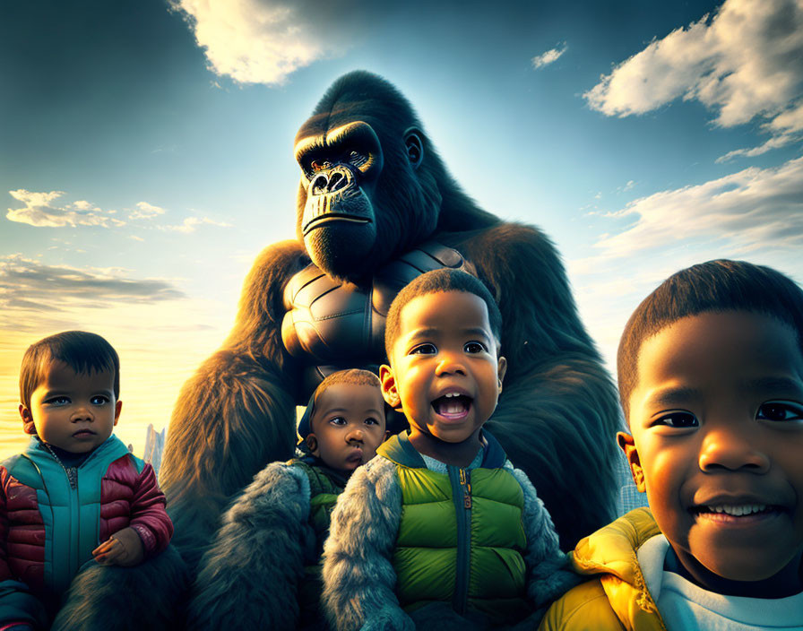 Gorilla sitting with three toddlers under cloudy sky