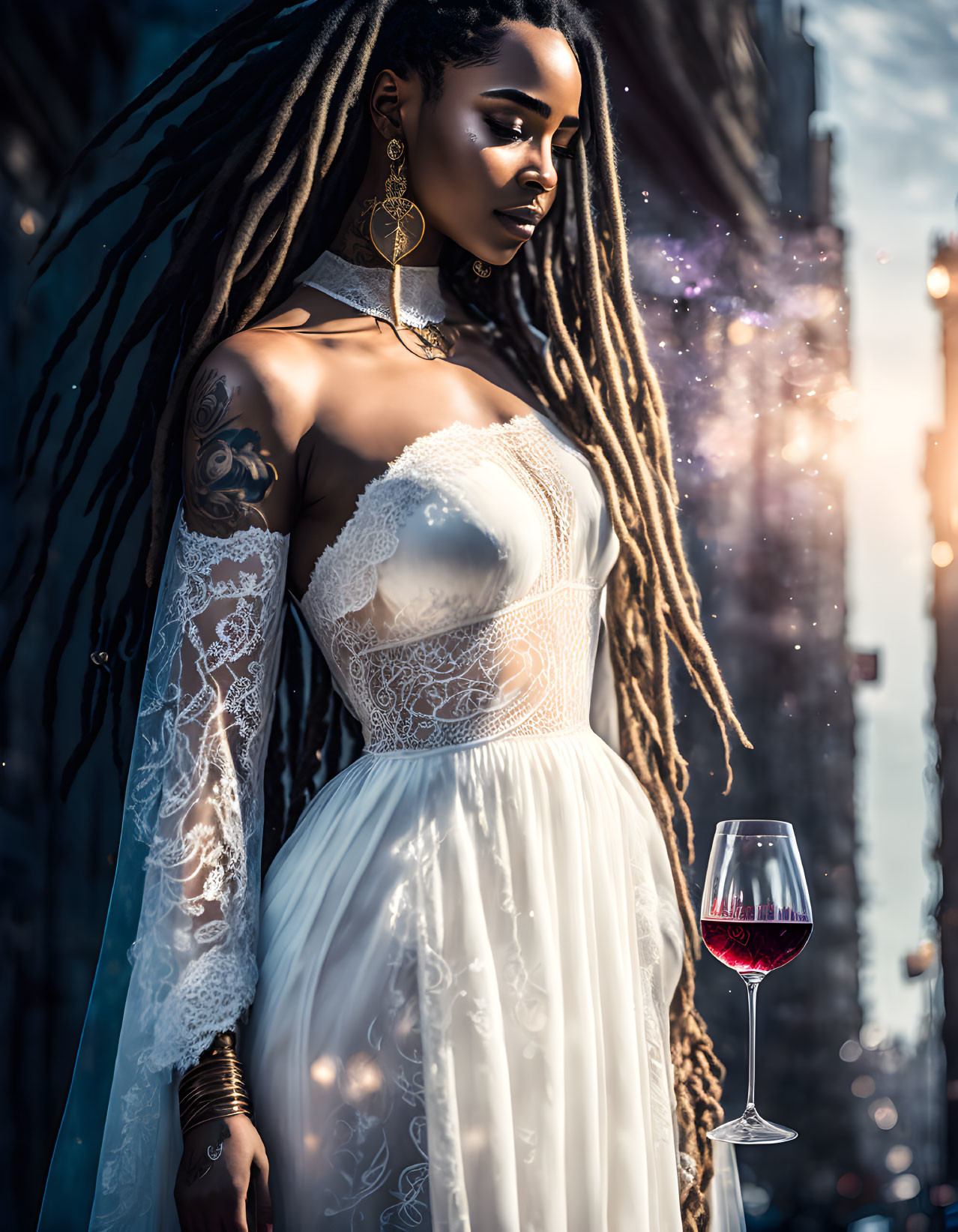 Elegant Woman in Lace Dress with Dreadlocks in City