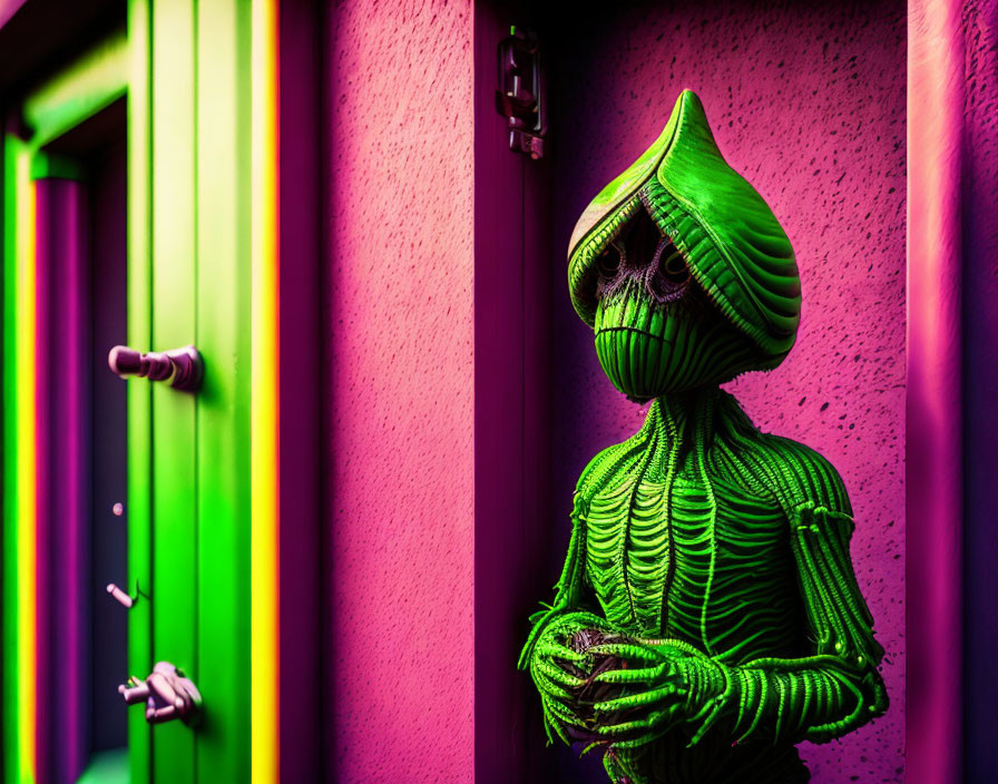 Colorful Alien Sculpture Against Pink Wall and Purple Door