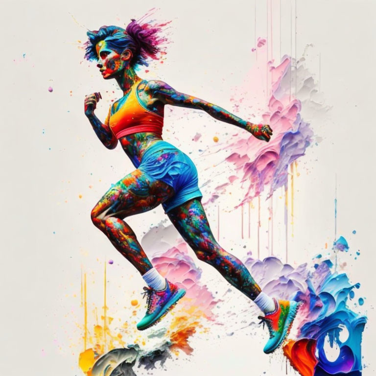 Colorful digital artwork: Woman with paint-splattered skin in dynamic stride