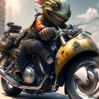 Anthropomorphic creature in motorcycle gear rides classic bike under sunny sky