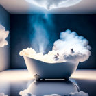 Foam-filled Bathtub Surrounded by Clouds in Blue Room