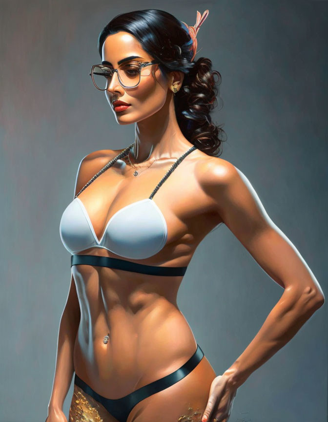 Stylized artwork of woman in glasses, white bikini top, black bottoms, and feather.