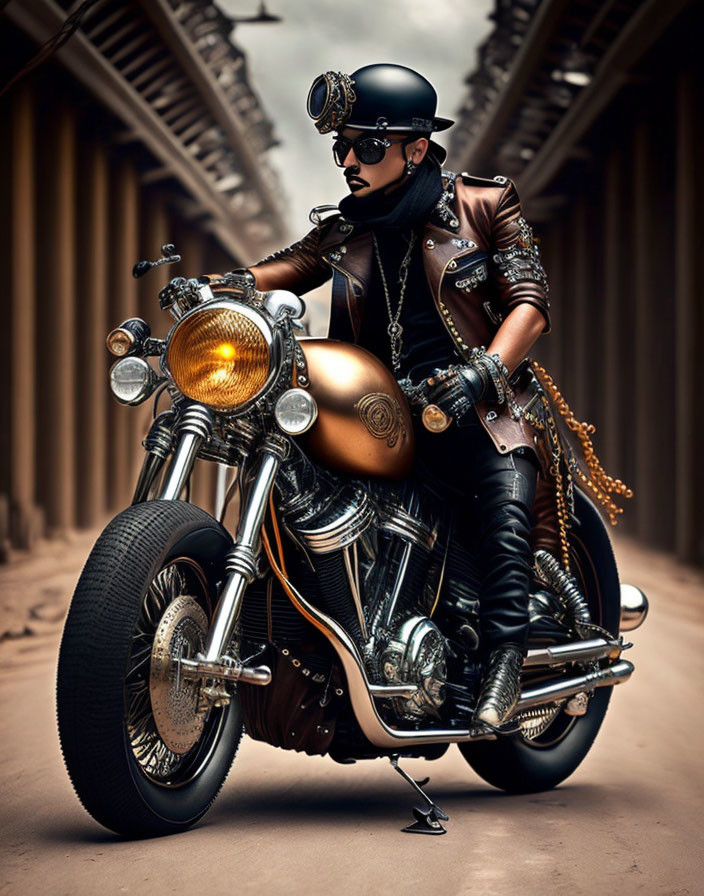 Steampunk-themed person riding custom motorcycle with brass tank