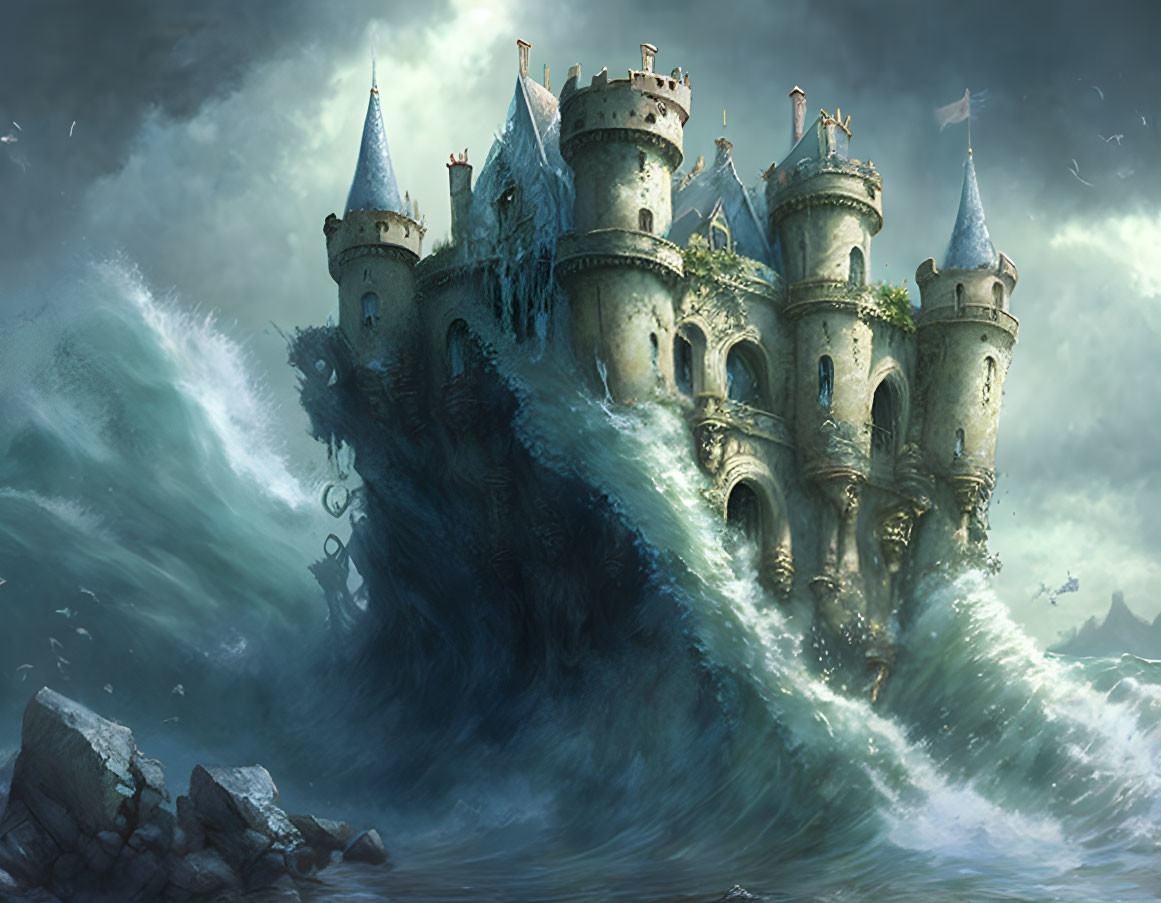 Medieval castle on giant wave under stormy sky