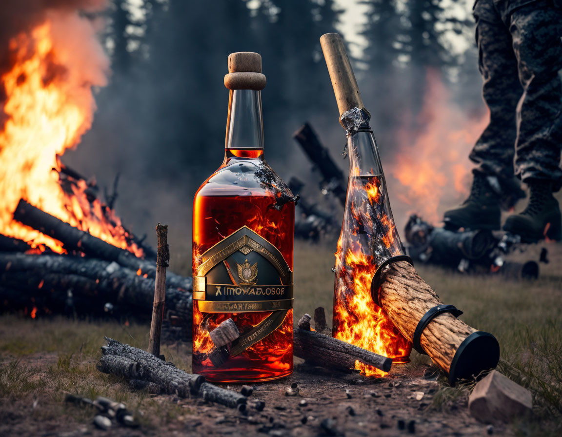 Alcohol bottle between burning logs with campfire background.