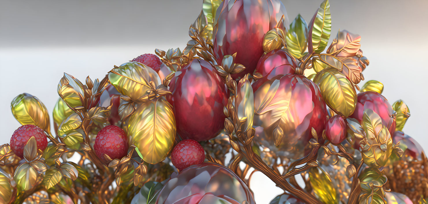 Metallic plant with shiny leaves and red berries on soft-focus background