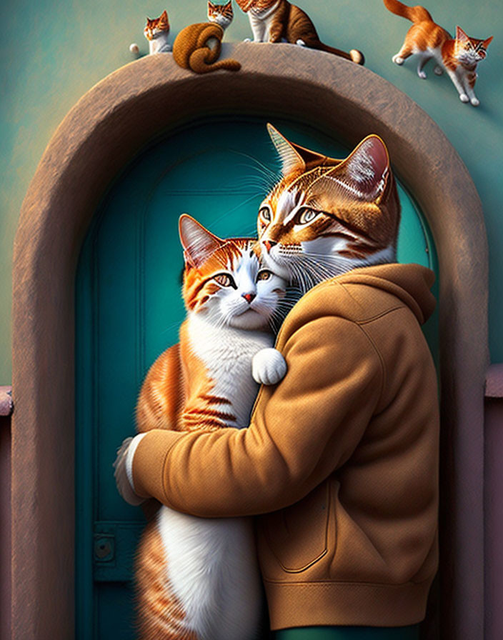 Cat-headed person embraces smaller cat in front of teal door, surrounded by feline companions